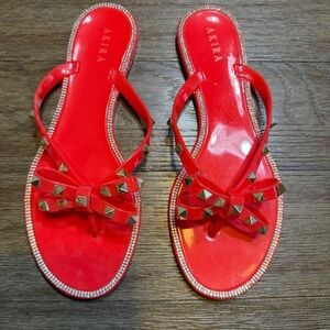 AKIRA Red Jelly Flip Flop Sandals Studded Bow Rhinestone Trim Womens 10